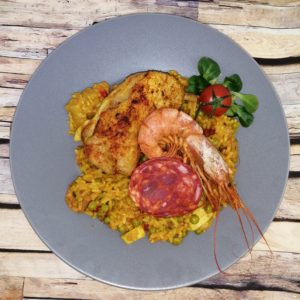 Paëlla Ibiza au poulet, gambas sauvages et langoustines